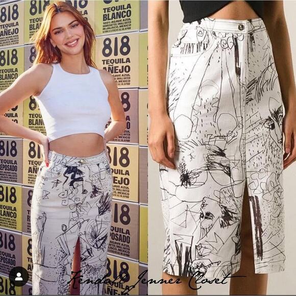 Vintage John Galliano Skirt Denim Pencil Sketches Printed Kendall Jenner Owned - Picture 1 of 13